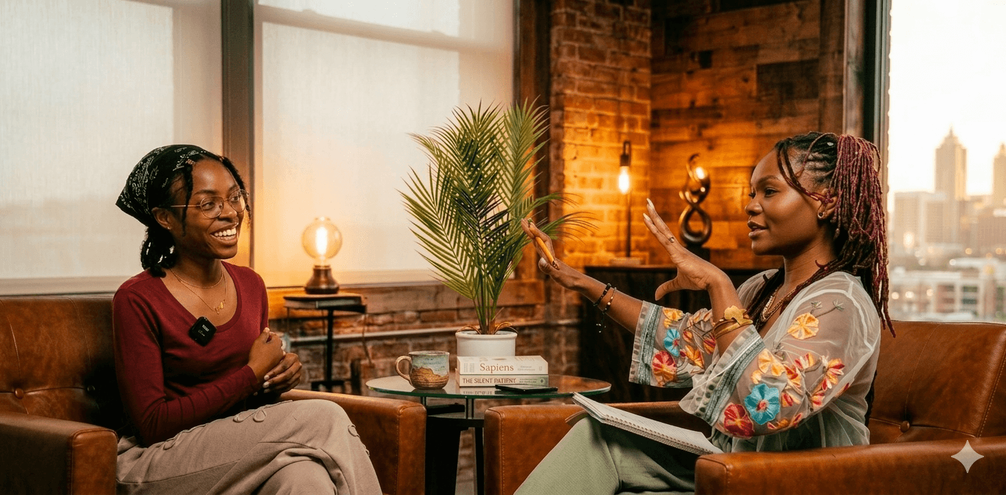 Hannah in conversation with a client